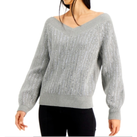 INC International Concepts  Gray Sweater Rhinestone Knitted Sz Small - Picture 2 of 2